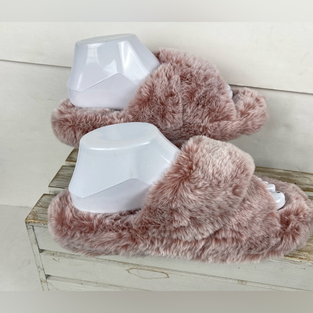 Jessica Simpson fluffy faux fur cross-band slide slippers in mauve pink Sz M 7-8 - Picture 2 of 8